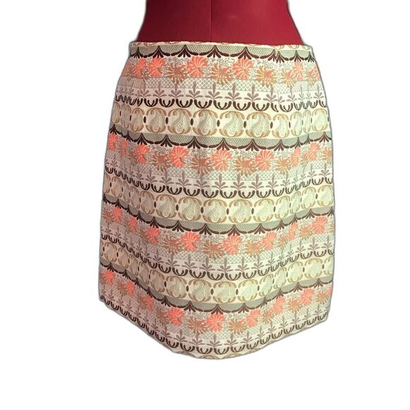 LOFT Pencil Skirt Women's Size 6 Cream Metallic & Pink Scroll Pattern Jacquard - Picture 4 of 6